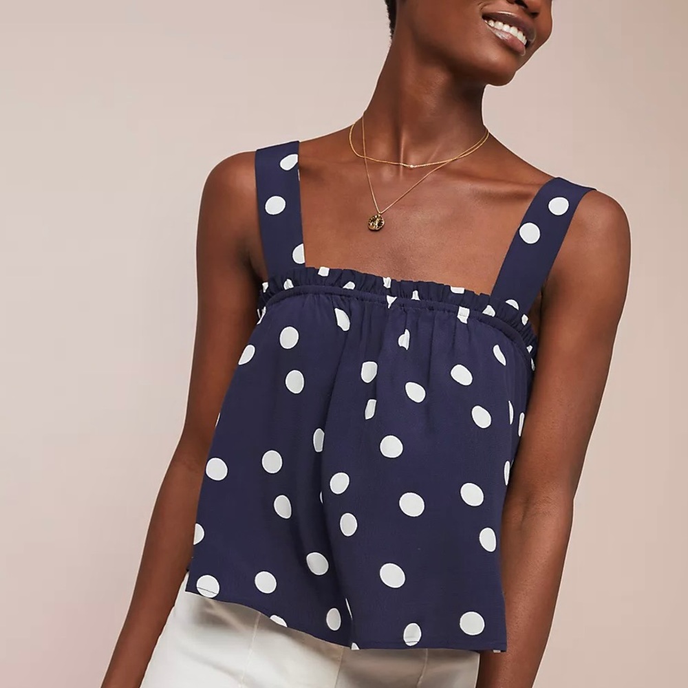Maeve By Anthropologie Shirt Women’s Size 0 Swing White Polka Dot Navy Tank Top